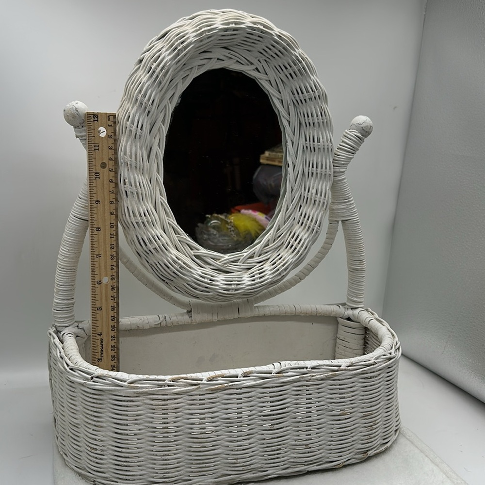 Vintage White Wicker-Wood Oval Swivel Mirror Tabletop Vanity with Basket - Picture 2 of 13